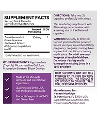 Havasu Nutrition Resveratrol 500 mg | Resveratrol from Japanese Knotweed Root | 60 Capsules