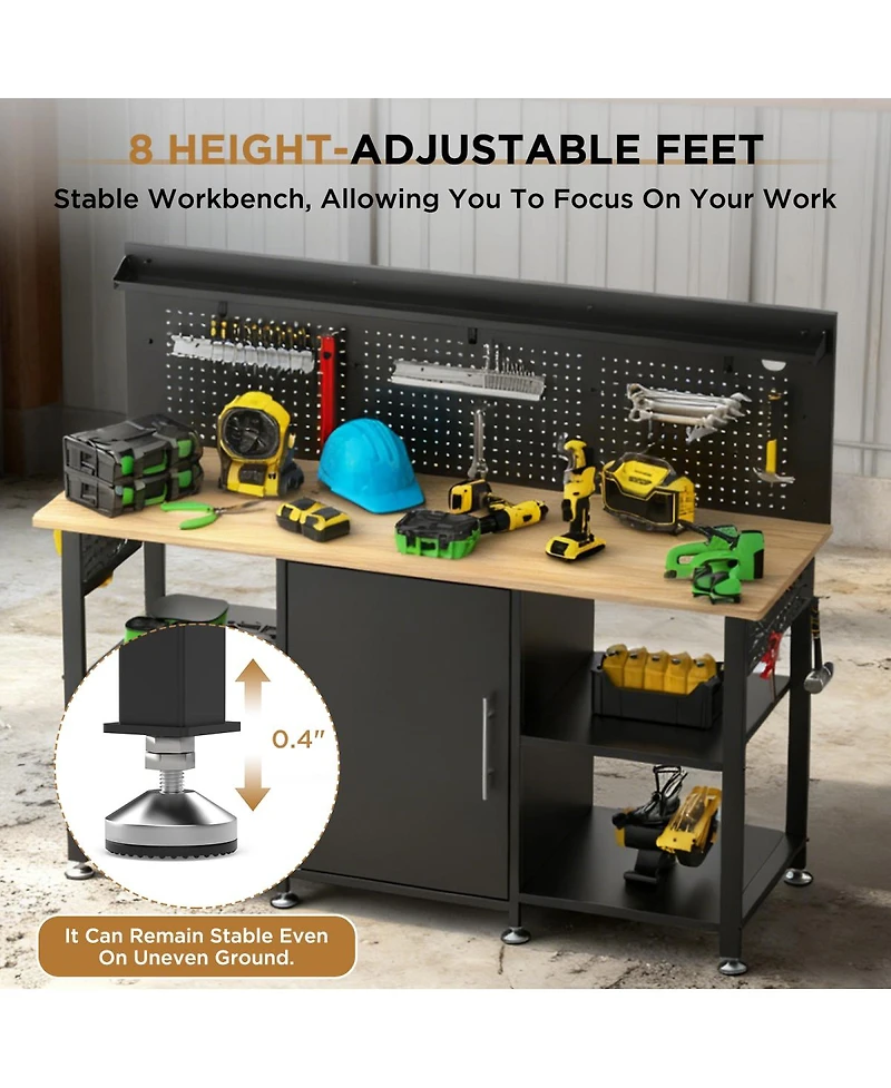 Streamdale Furniture 60" Heavy-Duty Workbench with Cabinet, Wood Top, Pegboard and Power Outlet