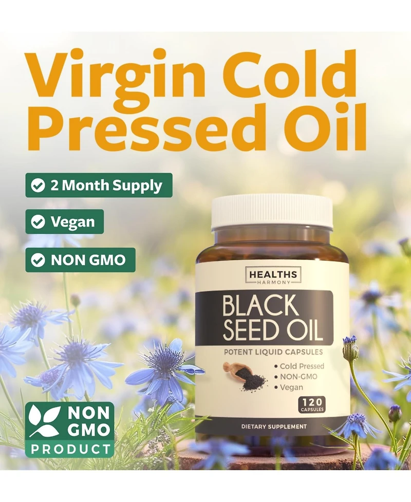 Healths Harmony Black Seed Oil Softgels with Nigella Sativa and Vitamin E, 500 mg Each, 120 Softgels