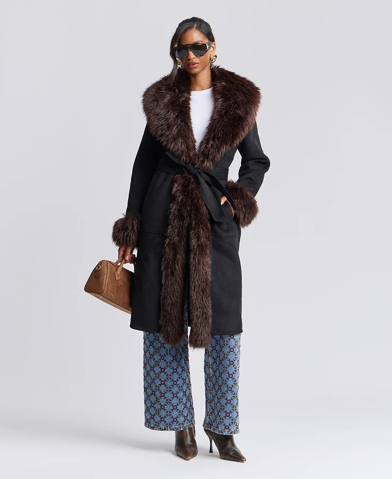 Avec Les Filles Women's Faux-Fur-Shawl-Collar Faux-Shearling Coat