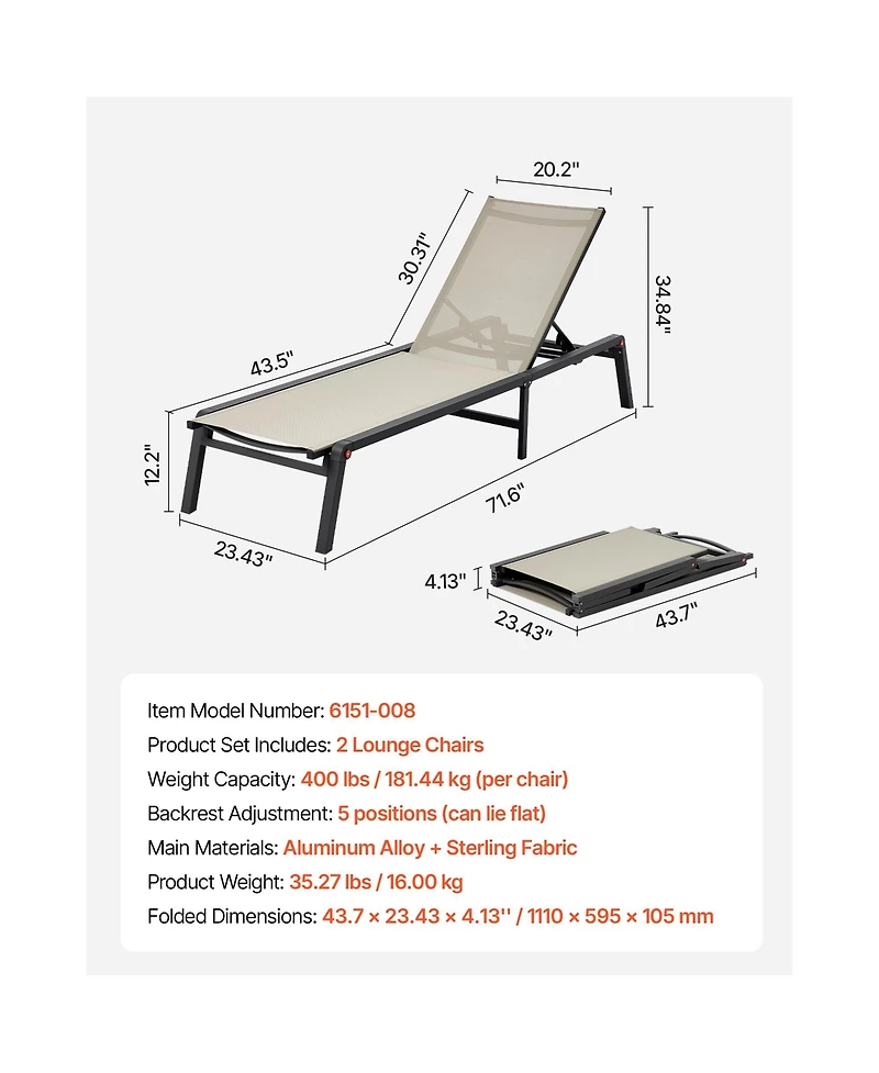 Vevor 2Piece Foldable Chaise Lounge Chair Adjustable Back Outdoor Pool Sun Tanning Chair