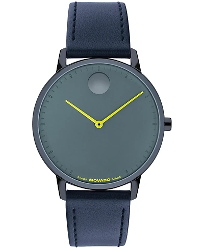 Movado Men's Face Swiss Quartz Navy Blue Leather Watch 39mm