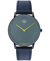 Movado Men's Face Swiss Quartz Navy Blue Leather Watch 39mm