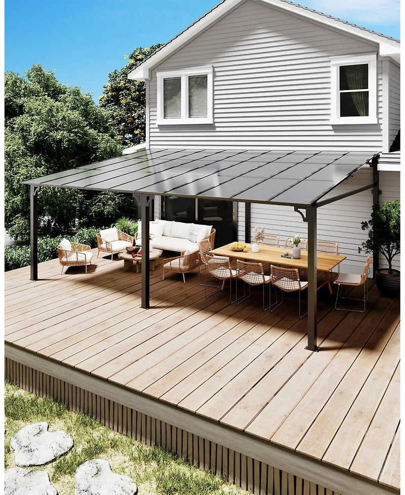 12x20 Ft Wall Mounted Hardtop Gazebo, Aluminum Lean To Pergola with 6mm Polycarbonate Roof, Uv Resistant Outdoor Patio Shelter for Backyard Deck