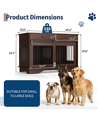 47" Large Dog Crate Fuderniture, Wooden Dog Kennel with 2 Storage Drawers, Removable Divider and Sliding Door, Heavy Duty Pet Cage for Breeds