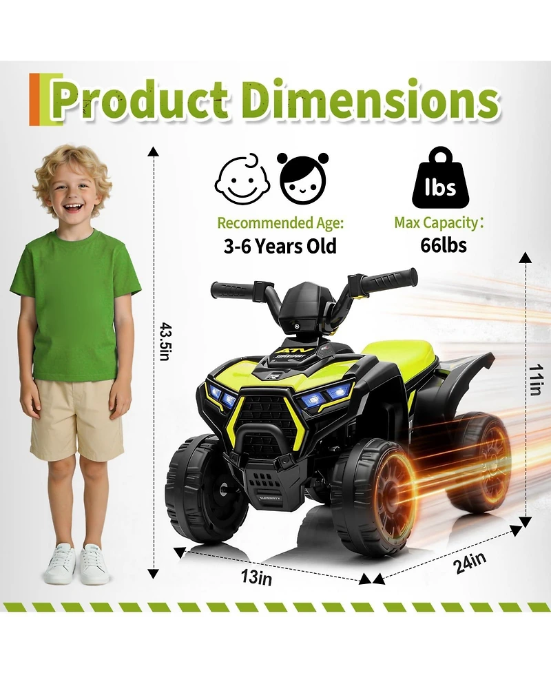 23.6 x 14.6 in Kids Electric Atv Ride On Car, 6V Battery Powered Quad for Toddlers, Outdoor Ride On Toy