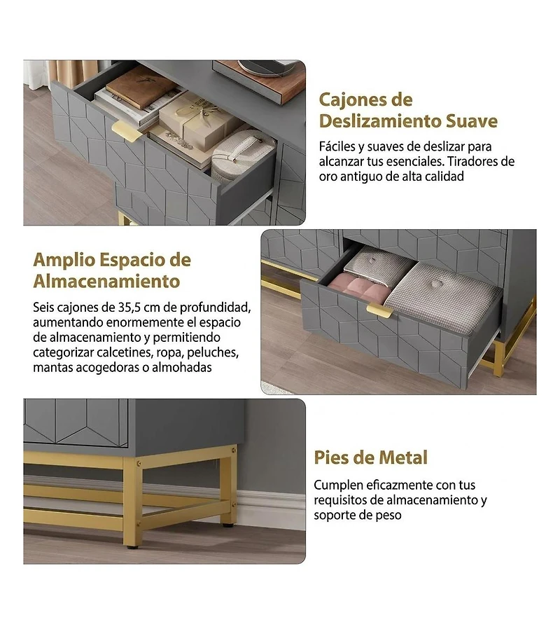 Dresser for Bedroom, 6 Drawer Dresser with Metal Legs, Wood Dressers Chest Organizer with Wide Storage, Modern Chest of Drawers for Bedroom, Hallway