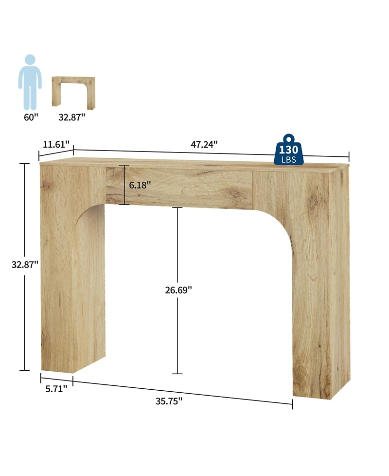 Farmhouse Narrow Console Table with Arched Base, Slim Wood Sofa Table in Oak Finish for Entryway Behind Couch Hallway Living Room
