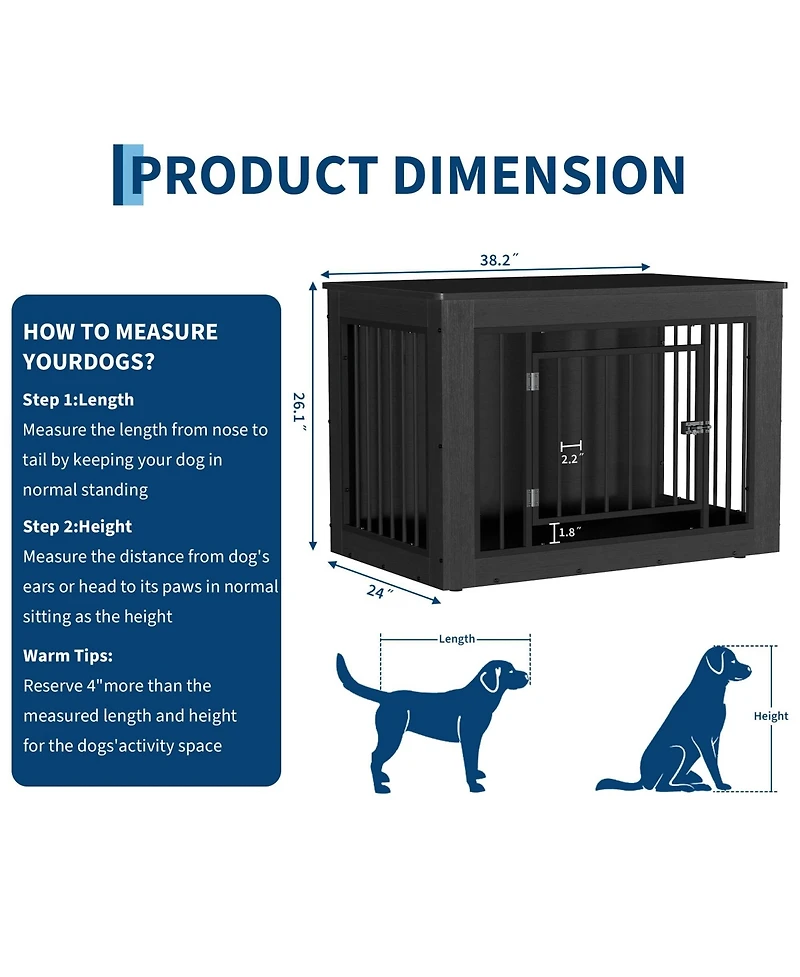 38.2 Inch 2-in-1 Iron and Wood Dog Crate Furniture, Farmhouse Pet Kennel, Works as Side Table, Slide Lock and Flat Top for Pets of Different Sizes