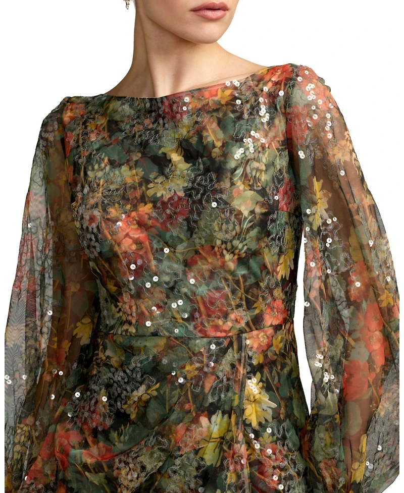 Mac Duggal Women's Floral Print Sequined Puff Sleeve Gown