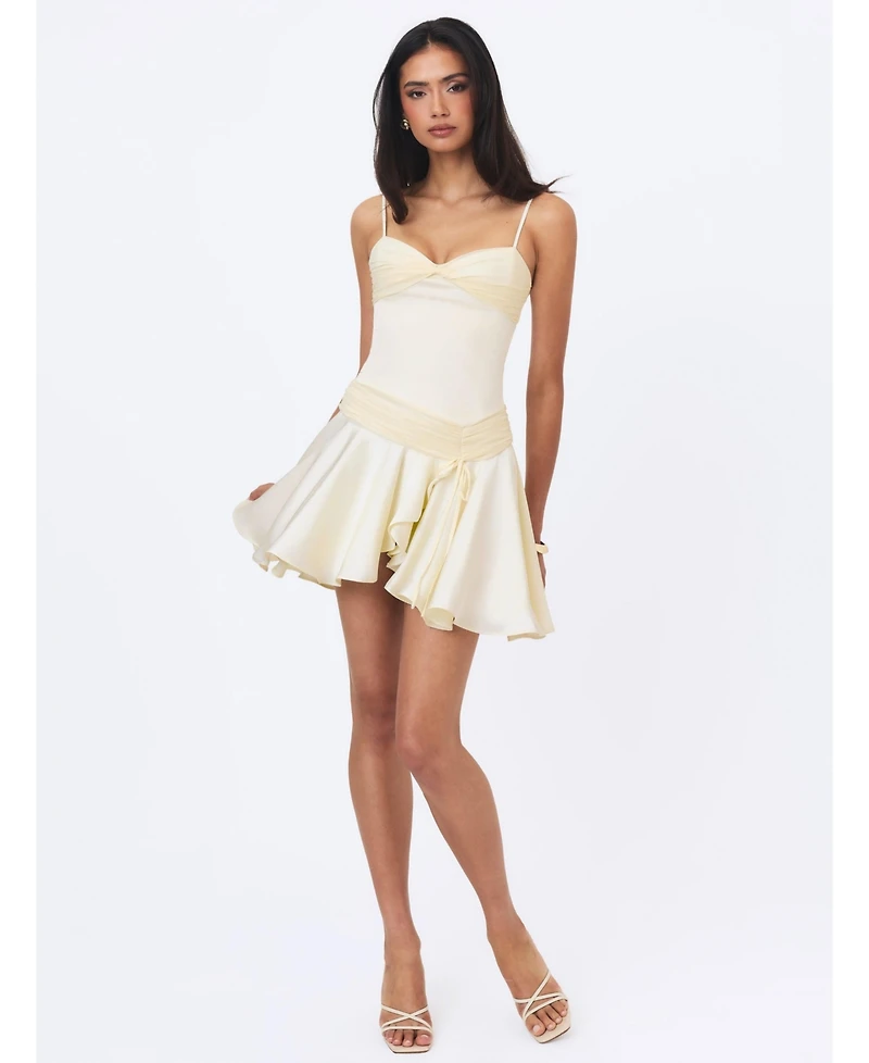 Miss Circle Women's Yvonne Ivory Satin Asymmetrical Ruched Mini Dress
