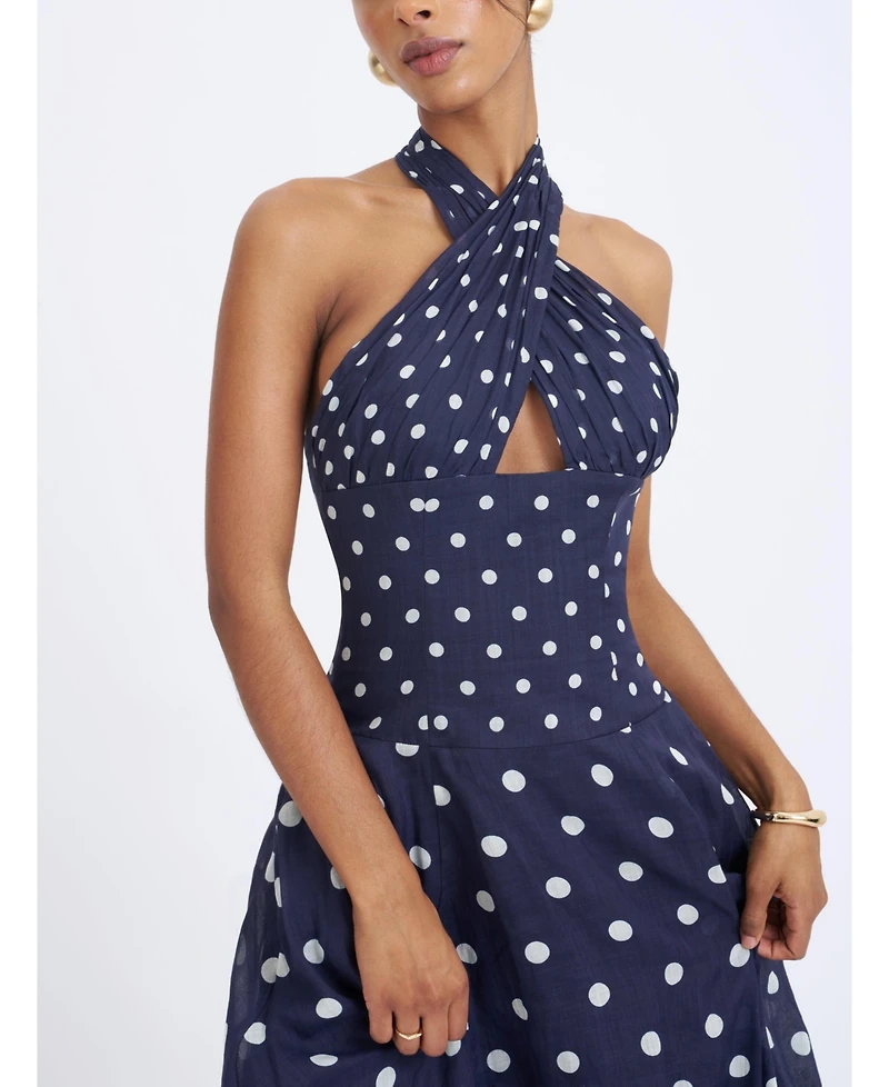 Miss Circle Women's Nuri Navy Polka Dot Ramie Crossover Halter A-Line Midi Dress