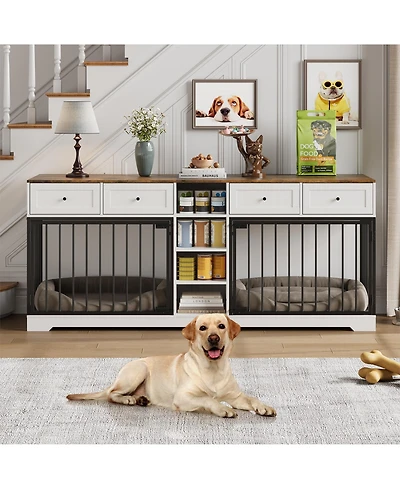 82" Double Dog Crate Furniture with Drawers and Shelves, Heavy Duty Wooden Dog Crate Tv Stand, Large Dog Kennel Indoor for 2 Medium/Large Dogs