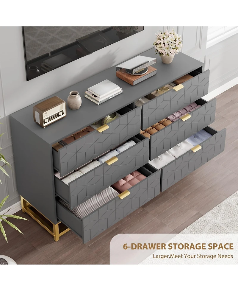 6 Drawer Dresser for Bedroom, 53.5" Large Dresser with Metal Legs, Modern Chest Organizer with Wide Storage, Chest of Drawers for Bedroom, Entryway