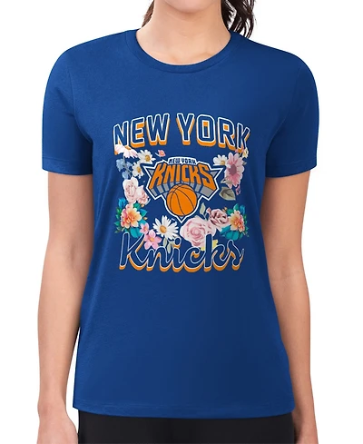 G-iii 4Her by Carl Banks Women's Blue New York Knicks Super-Slim Fit Lightweight Flowers Team Logo Graphic T-Shirt