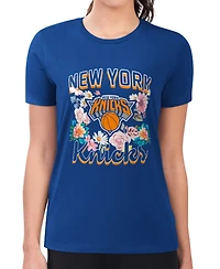 G-iii 4Her by Carl Banks Women's Blue New York Knicks Super-Slim Fit Lightweight Flowers Team Logo Graphic T-Shirt