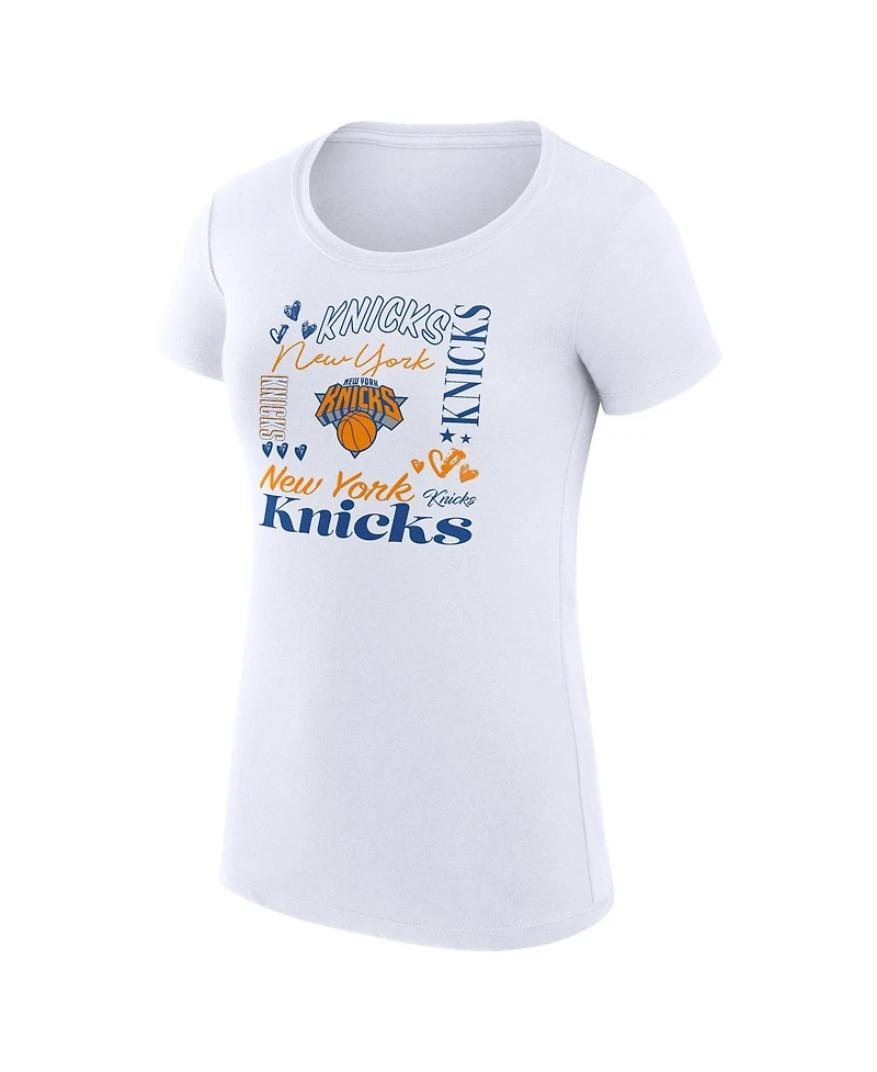 G-iii 4Her by Carl Banks Women's White New York Knicks Super-Slim Fit Lightweight Team Name Collage Graphic T-Shirt