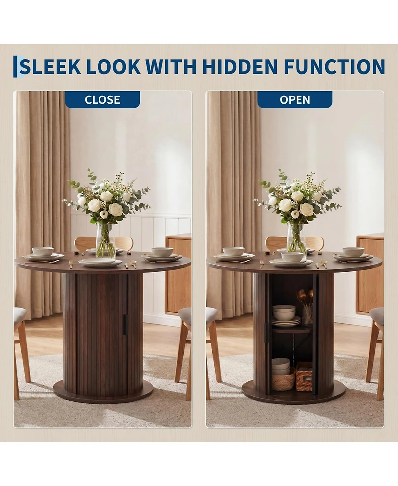Small Round Dining Table for 2-4, 31.5" Engineered Wood Kitchen Table with Center Storage Column, Farmhouse Space-Saving Design for Apartment