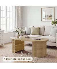 59" Fluted Console Table and 39" Oval Coffee Table 2-Piece Set, Mid Century Modern Wood Tone Sofa Table with Open Shelf for Entryway and Living Room
