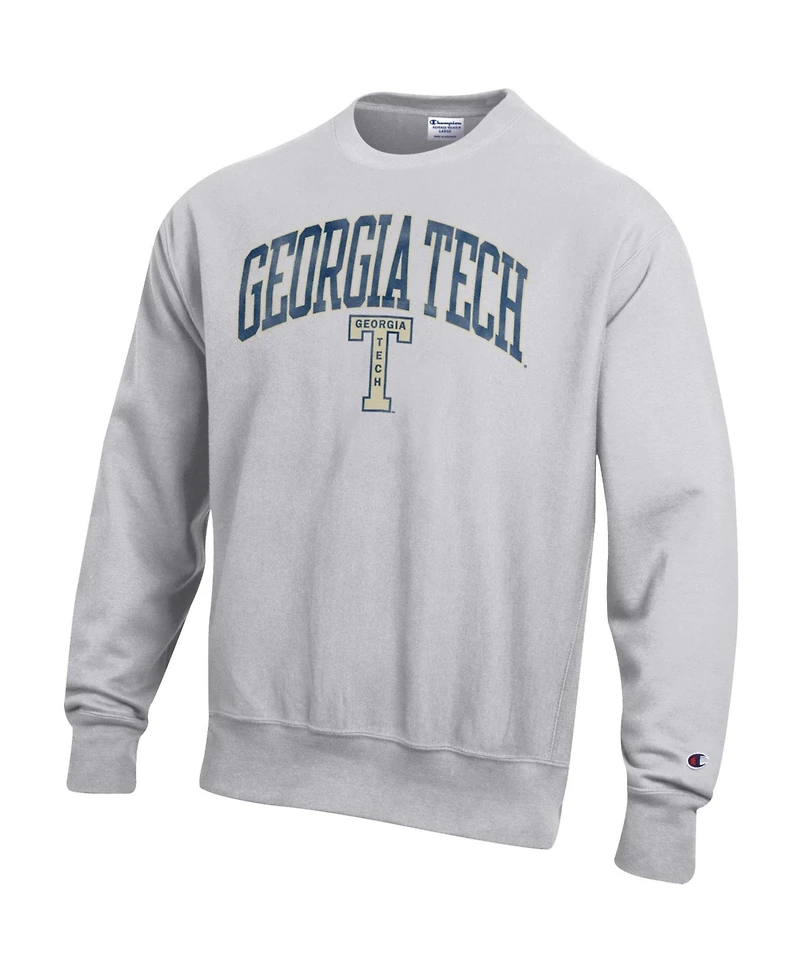 Champion Men's Gray Georgia Tech Yellow Jackets Distressed Arch Over Logo Reverse Weave Crew Neck Sweatshirt