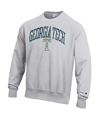 Champion Men's Gray Georgia Tech Yellow Jackets Distressed Arch Over Logo Reverse Weave Crew Neck Sweatshirt