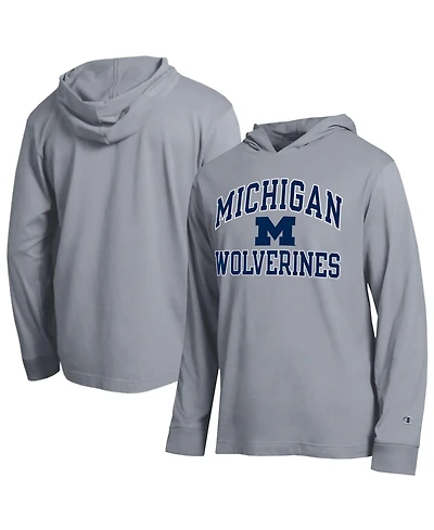 Champion Men's Heather Gray Michigan Wolverines High Motor All-Star Long sleeves Hooded T-Shirt