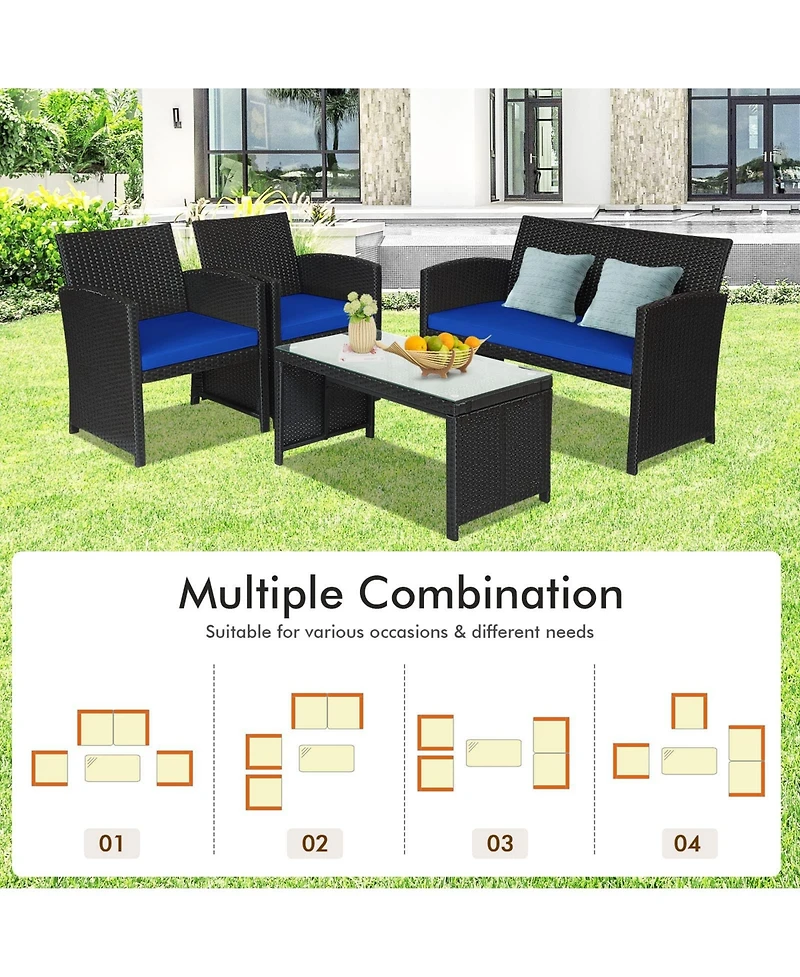 Sugift 4 Pieces Rattan Patio Furniture Set with Weather Resistant Cushions and Tempered Glass Tabletop