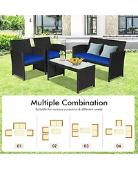 Sugift 4 Pieces Rattan Patio Furniture Set with Weather Resistant Cushions and Tempered Glass Tabletop