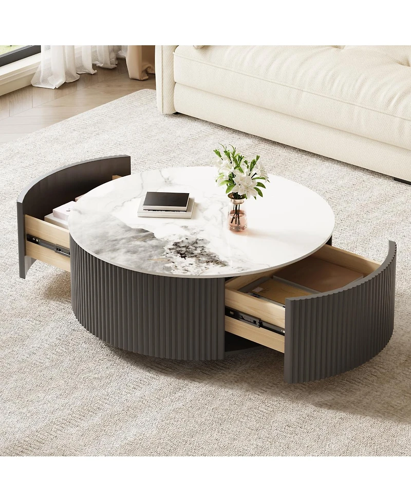 Streamdale FurnitureModern Round Movable Coffee Table with Casters and 2 Drawers