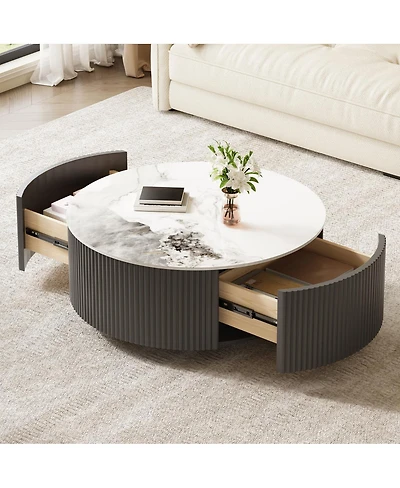 Streamdale FurnitureModern Round Movable Coffee Table with Casters and 2 Drawers