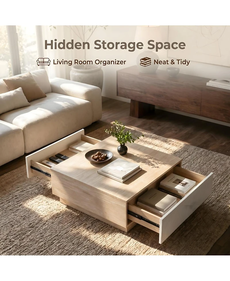 Streamdale Furniture Modern Faux Travertine Coffee Table with 2 Drawers, Stone Center Table