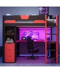 Streamdale Furniture Full Size Wooden Gaming Loft Bed with Desk, Rgb Lights and Usb