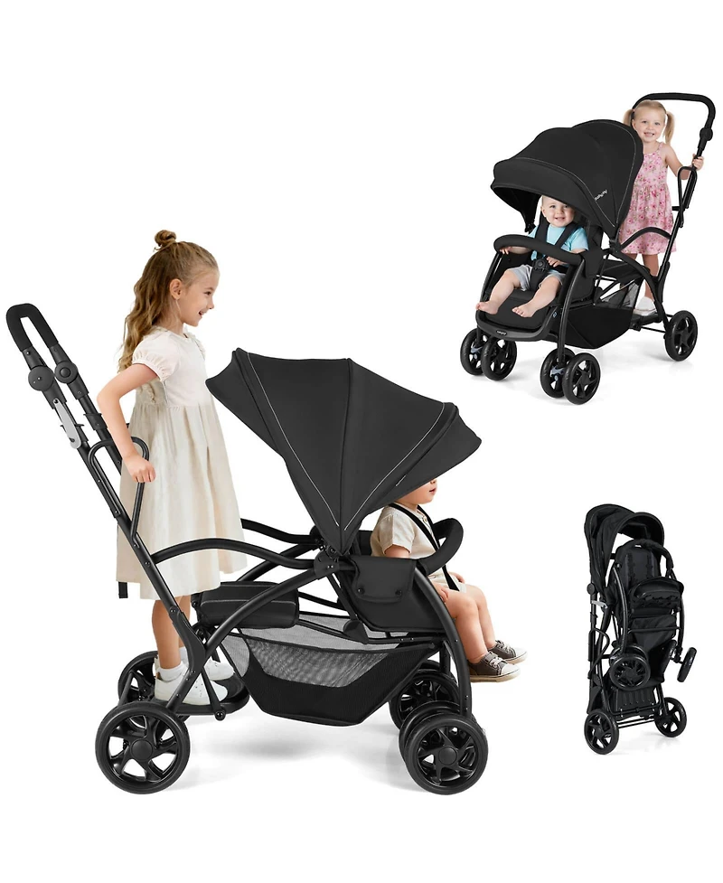 Costway Sit and Stand Double Stroller with Adjustable Handle Bar Backrests Footrest Canopies