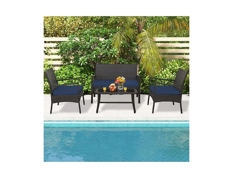 Boyel Living 4 Pieces Outdoor Rattan Conversation Set with Tempered Glass Coffee Table