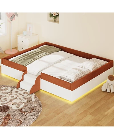 Streamdale Furniture Queen Upholstered Floor Bed with Fence and Led Lights