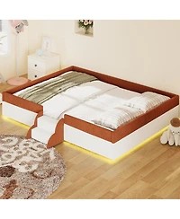 Streamdale Furniture Queen Upholstered Floor Bed with Fence and Led Lights