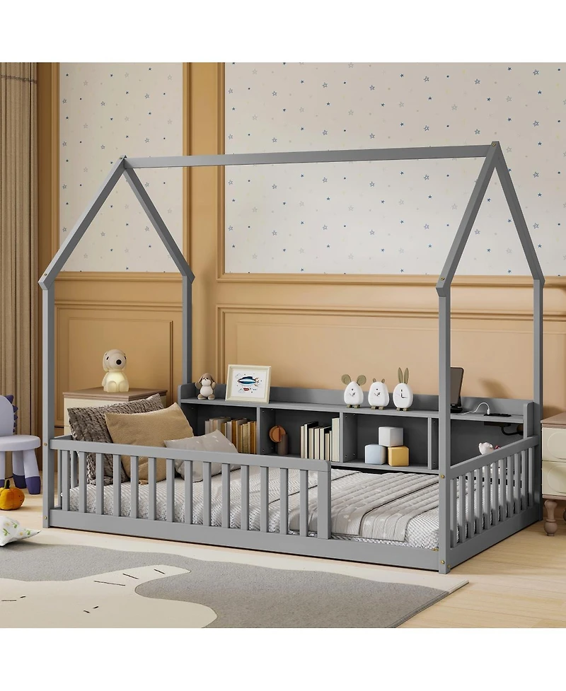 Streamdale Furniture Twin House Floor Bed with Led, Storage and Charging Station