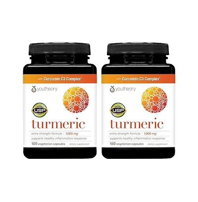 Youtheory Turmeric Extra Strength 1000 Milligram Turmeric Supplement with 10 Milligram Pepper 180 Vegetarian Capsules 2 Pack