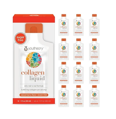 Youtheory Collagen Liquid 5000 Milligram Hydrolyzed Collagen Peptides Supports Hair, Nail, Joint and Bone Health 1 Ounce Single Serve Packet, 12 Pack