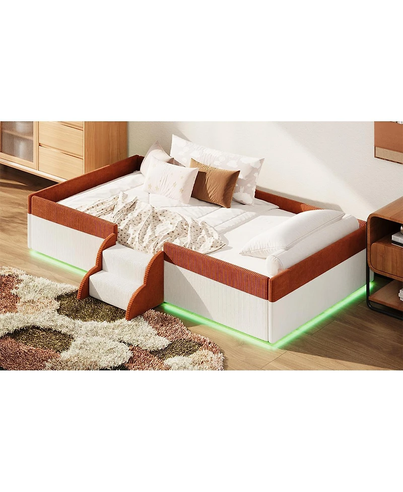 Streamdale Furniture Twin Upholstered Floor Bed with Fence, Steps and Led Lights