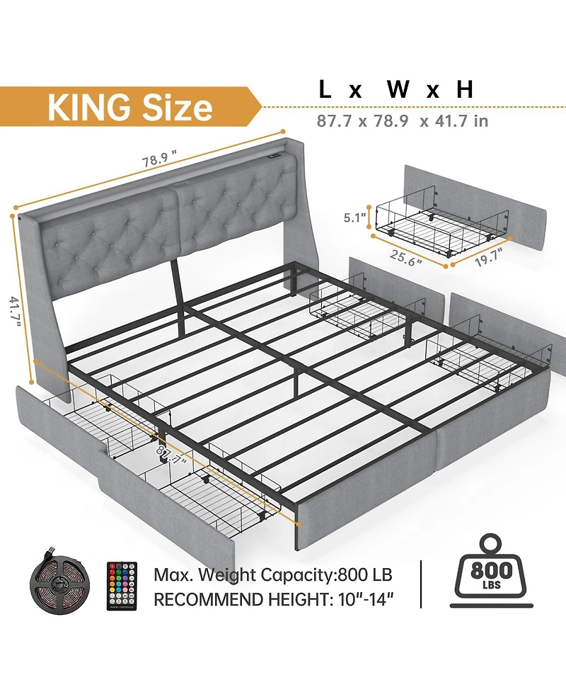Streamdale Furniture King Size Led Storage Bed Frame with 4 Drawers and Charging Station