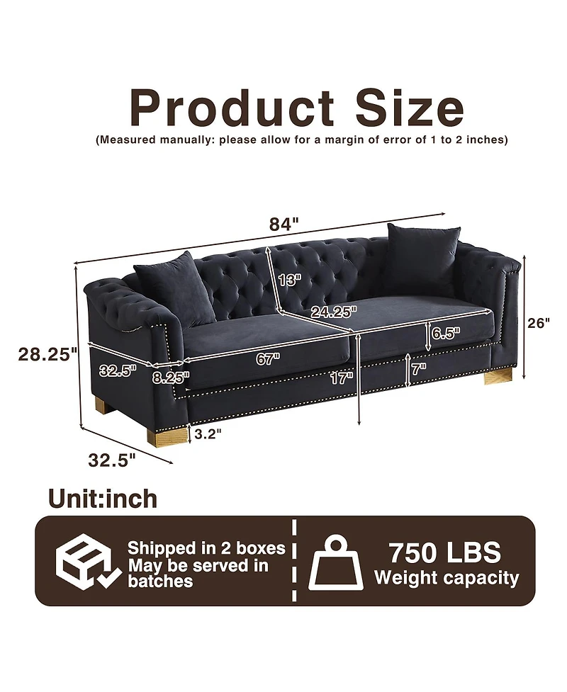 Streamdale Furniture Classic Modern Velvet Chesterfield Sofa, 84-inch