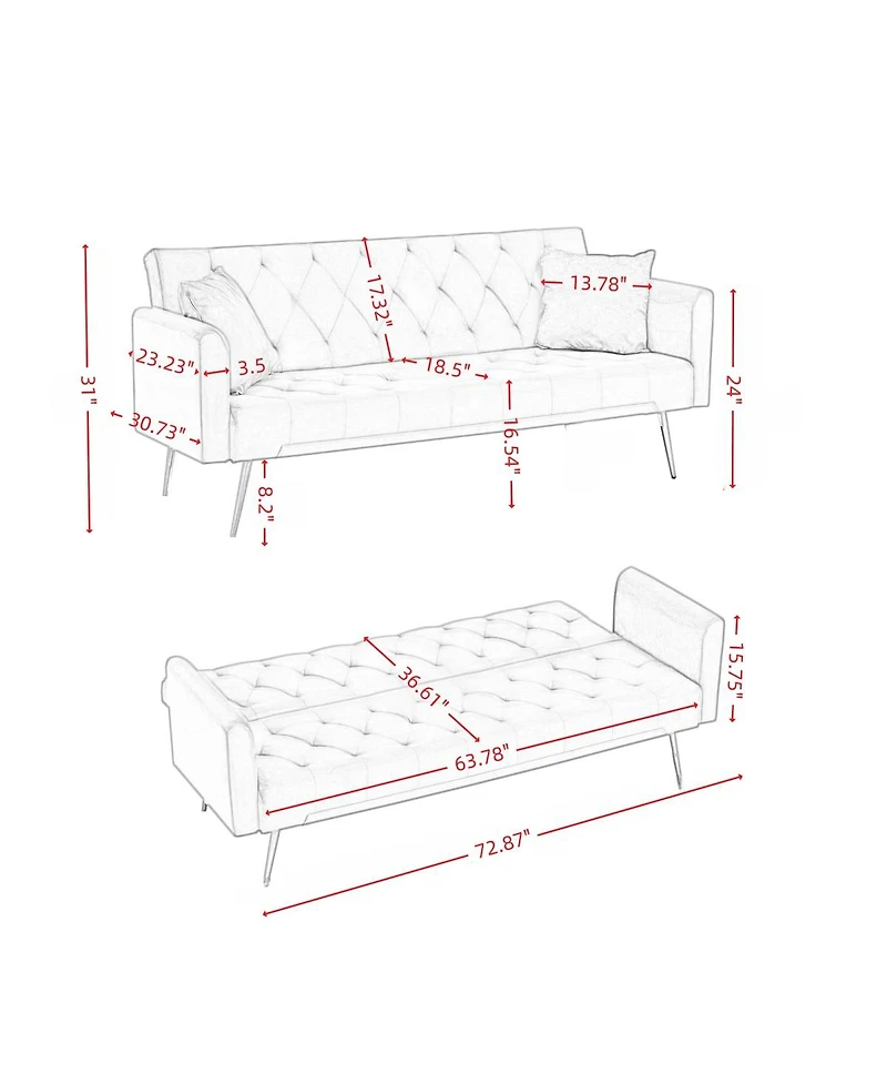 Streamdale Furniture 72" Convertible Foldable Sleeper Sofa Retro Tufted