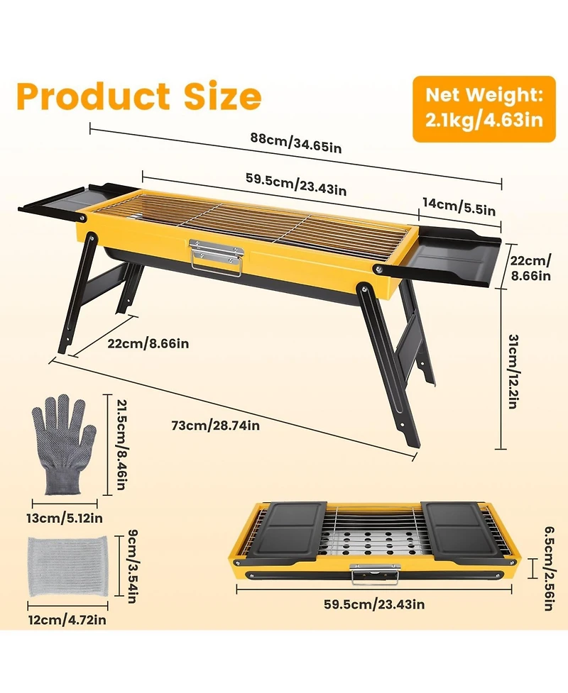 Mountaintop Portable Folding Charcoal Grill, Stainless Steel, Compact Tabletop With Side Panels and Carry Handle, for Picnic, Backyard, Beach, Travel