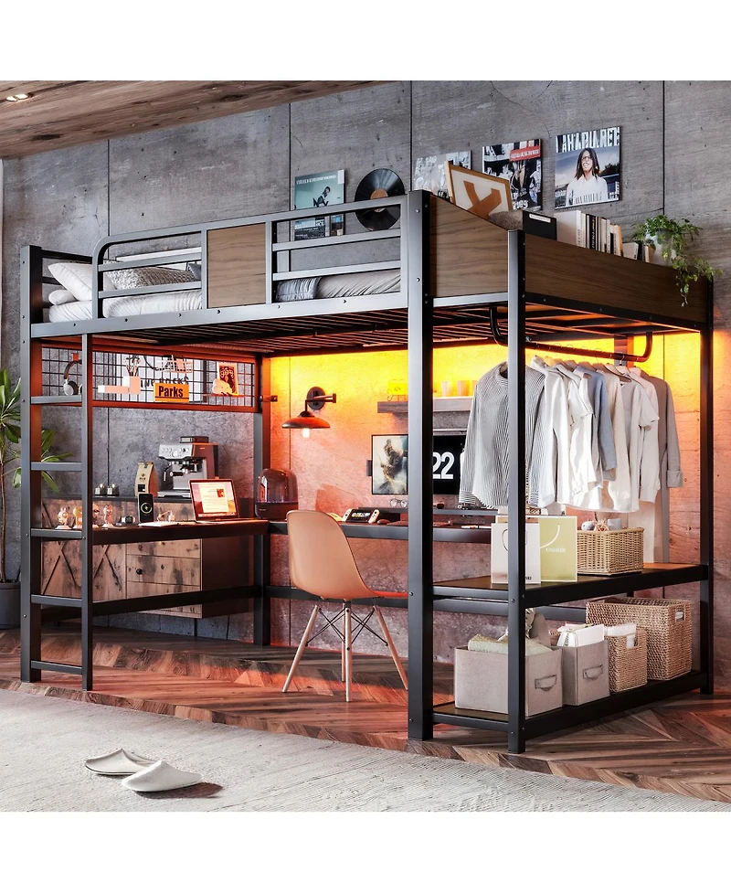 Streamdale Furniture Full Metal Loft Bed with L-Shaped Desk, Led Lights, Shelves and Usb