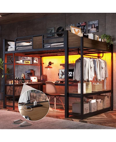 Streamdale Furniture Full Metal Loft Bed with L-Shaped Desk, Led Lights, Shelves and Usb