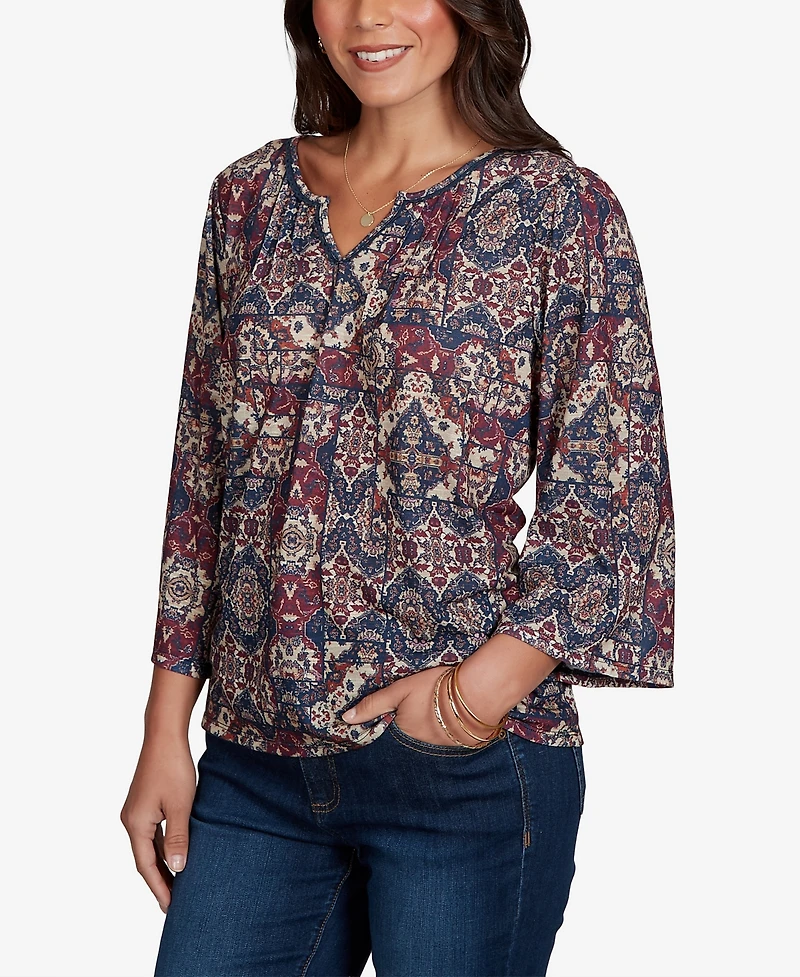 Ruby Rd. Petite Patchwork 3/4-Sleeve Henley Blouse
