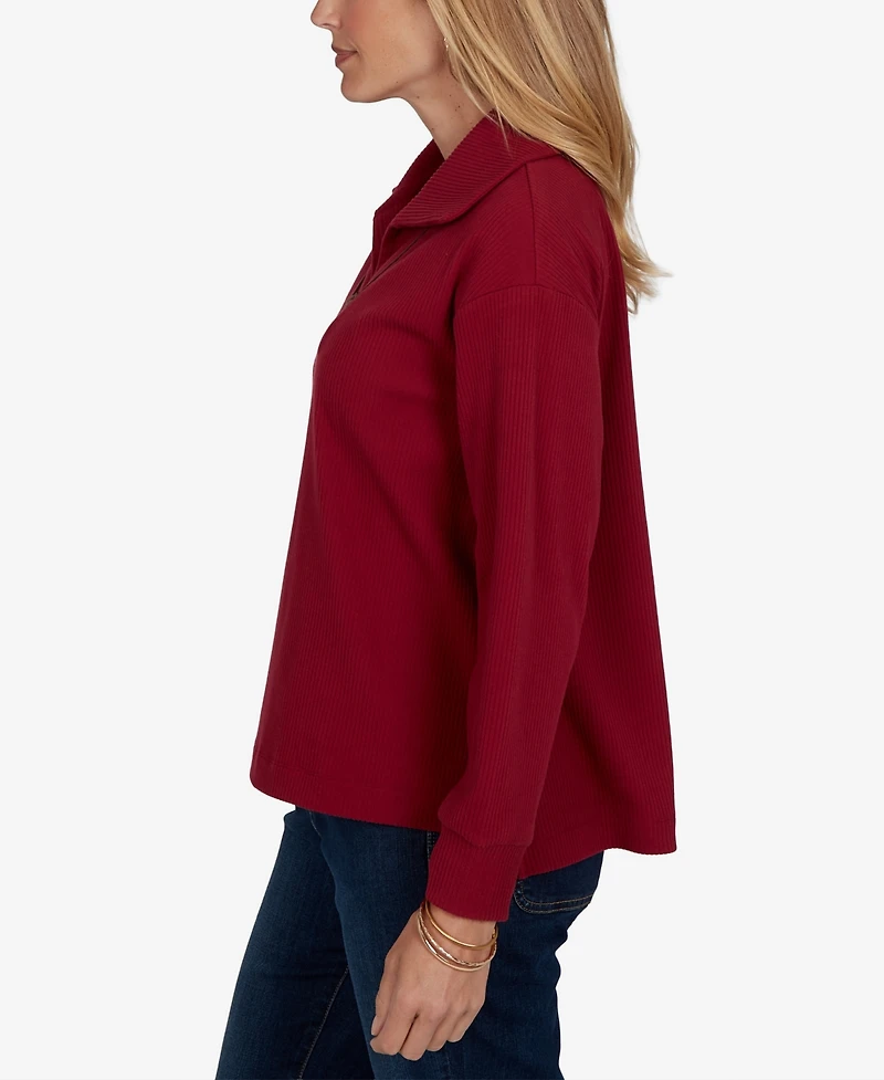 Ruby Rd. Petite Knt Premium Rib Collared Long-Sleeve Top