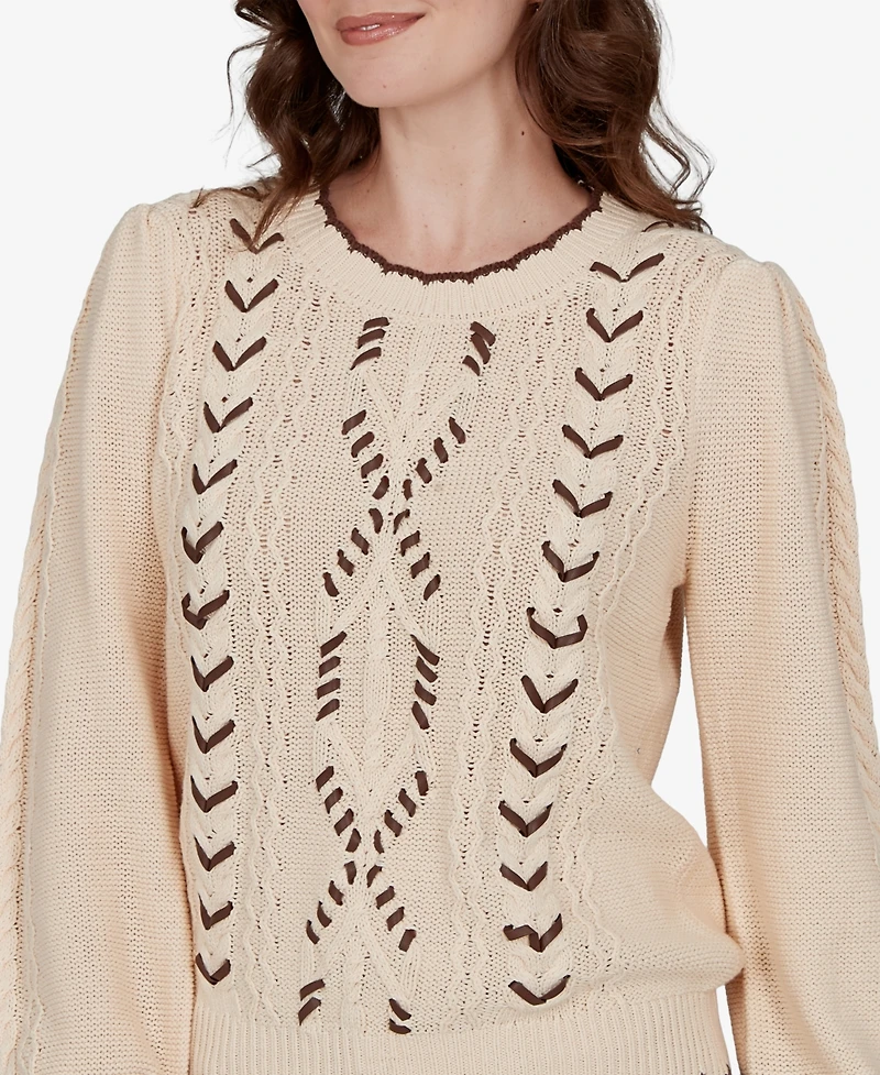 Ruby Rd. Petite Cable-Knit Scalloped-Trim Pullover