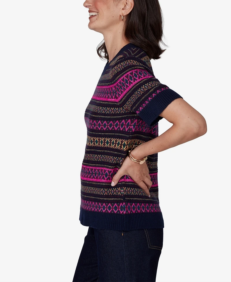 Ruby Rd. Petite Fair Isle Short-Sleeve Scoop Neck Sweater